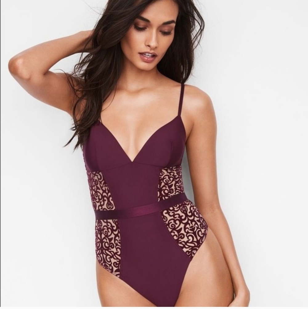 Victoria's Secret Velvet teddy floral mesh satin bodysuit